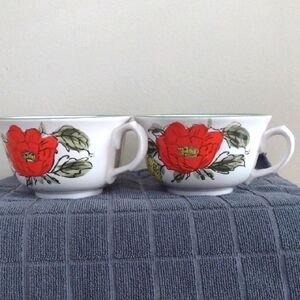 Red Poppy 16 OZ. Hand-Painted Soup Mugs Made in Japan Vintage